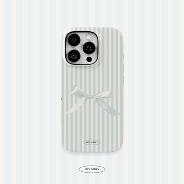 Phone case with white stripes and a bow on a light blue background