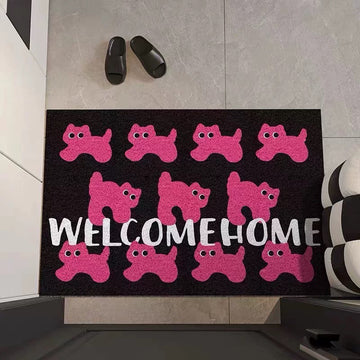 Y2K pink cat doormat with anti-slip rubber base for hallway and entry