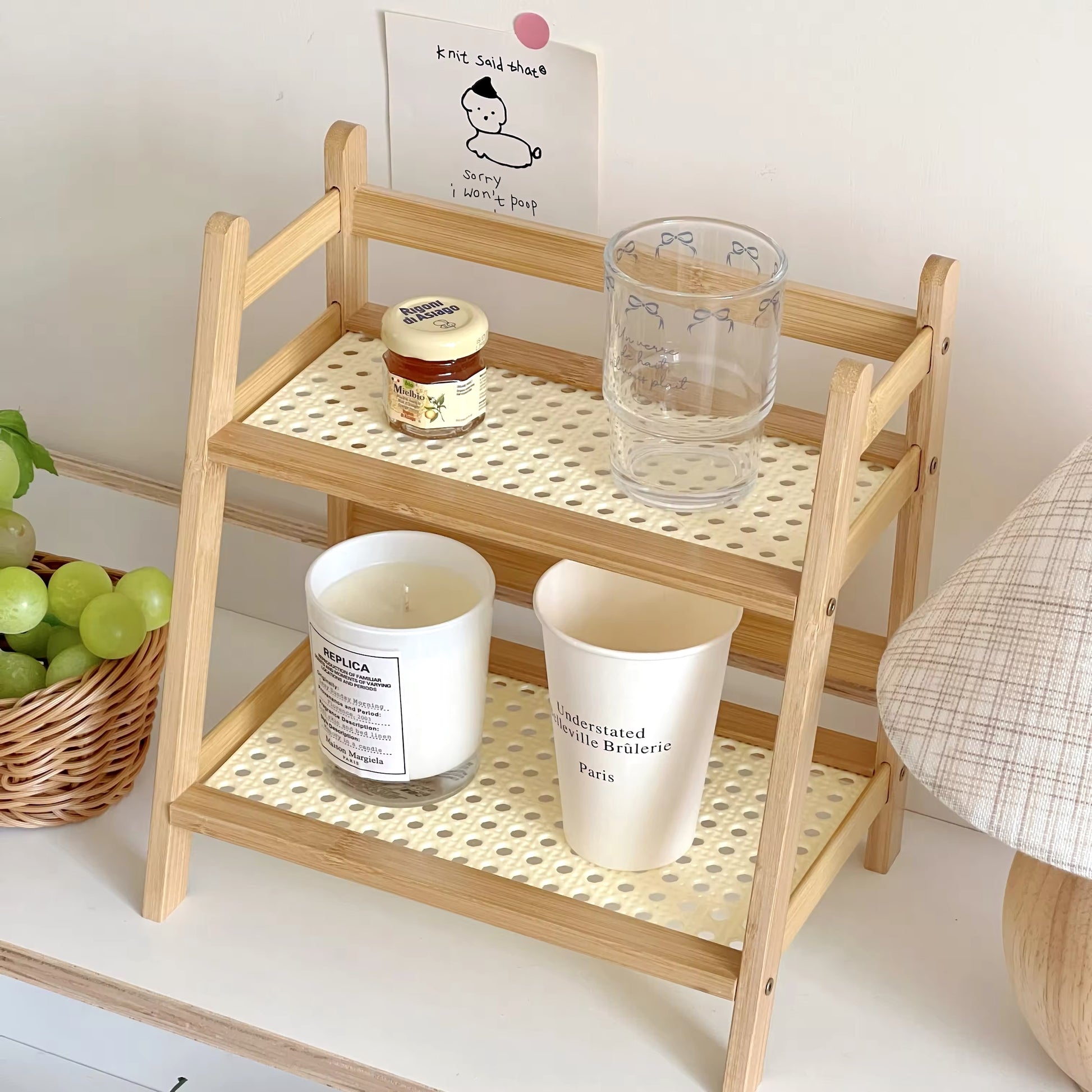 Rustic 2-tier rattan desktop organizer shelf