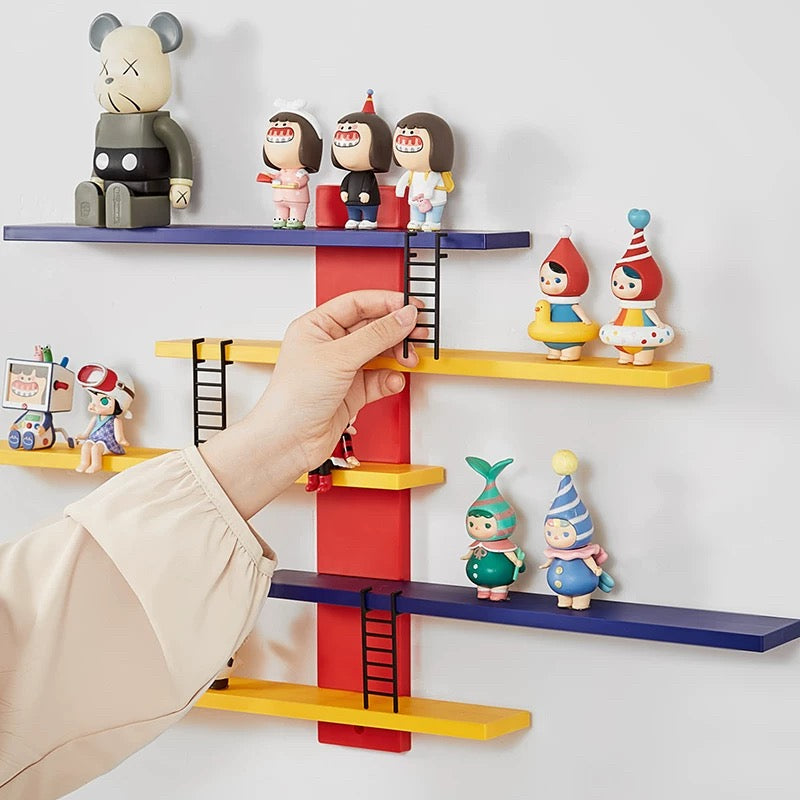 Wall-mounted toy display stand with acrylic shelves