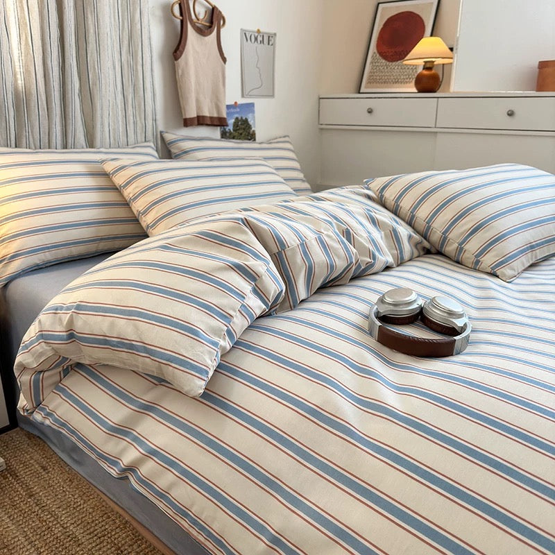 Preppy aesthetic bedding set with natural light and decor