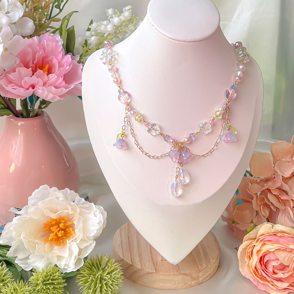 Angelcore aesthetic pearl choker necklace and floral hoop earrings