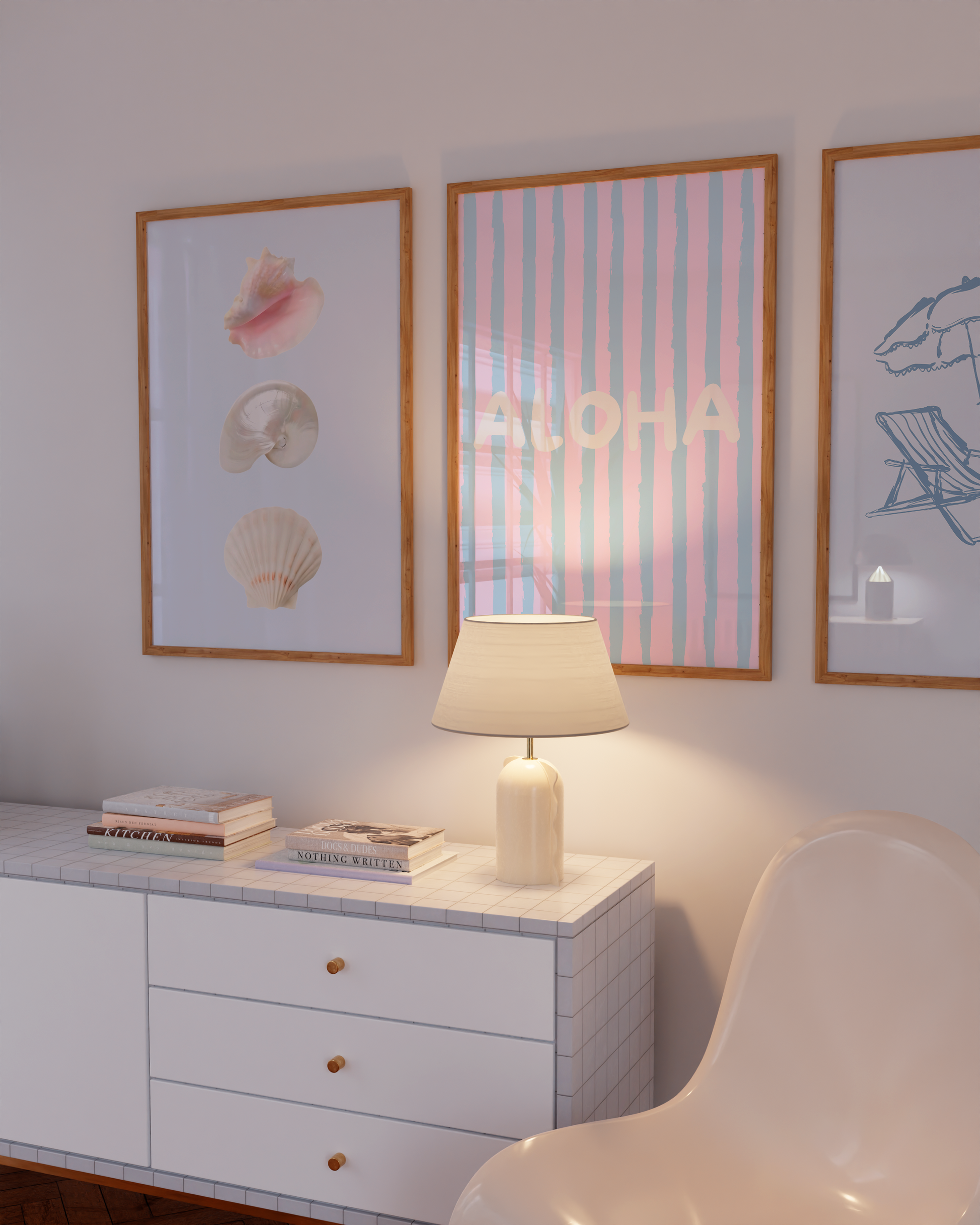 Room interior with a dresser, lamp, and wall art featuring 'Aloha' text.