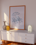 Vintage coastal art set with blue beach chairs and umbrella, ideal for surfer girl bedrooms