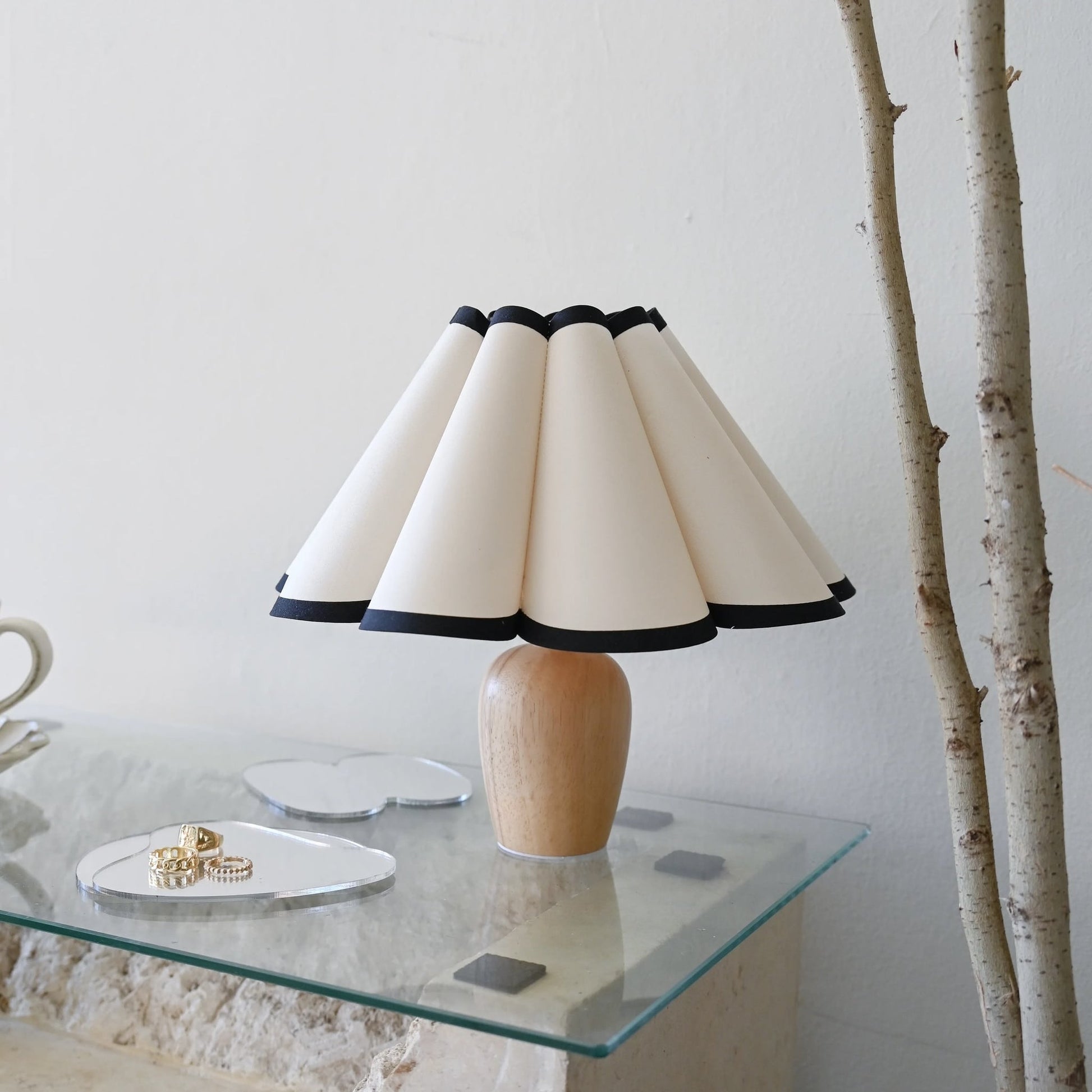Artistic wooden table lamp with vintage pleated shade. Romantic bedside light for bedroom and living room decor.