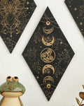 Rhomboid black moon phase wall hanging for mystical spaces