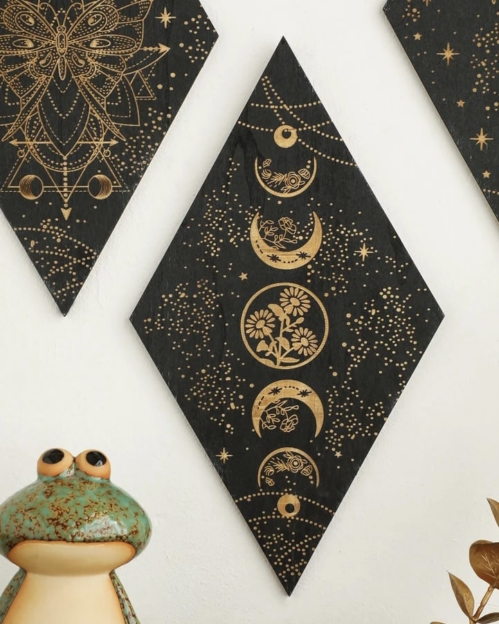 Rhomboid black moon phase wall hanging for mystical spaces