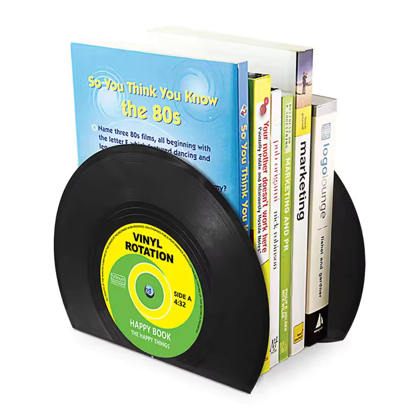 Bookend designed like a vinyl record with books inside, on a white background