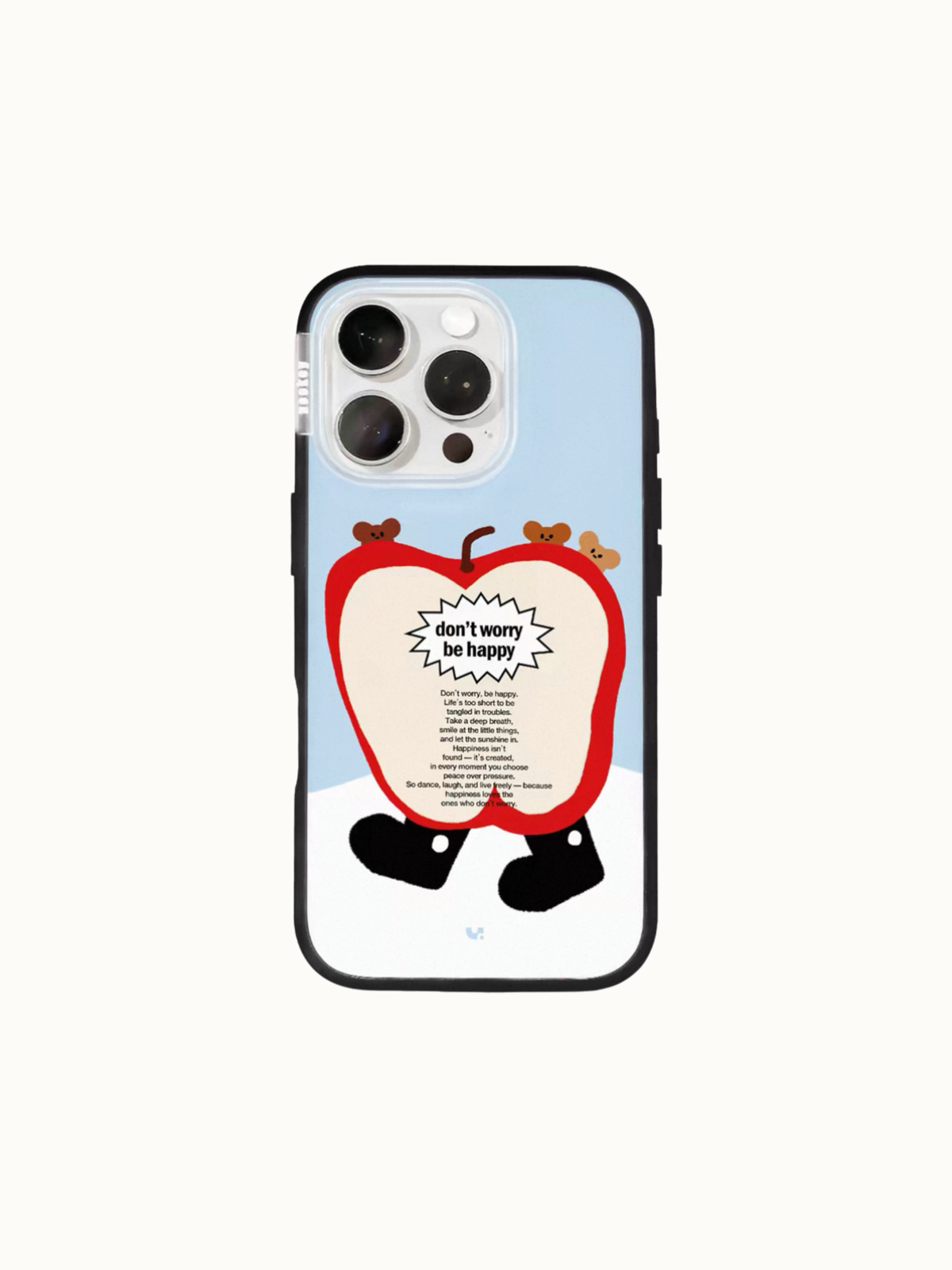 A blue bear apple phone case shows a red apple character with black feet, tiny brown bears and printed lettering.