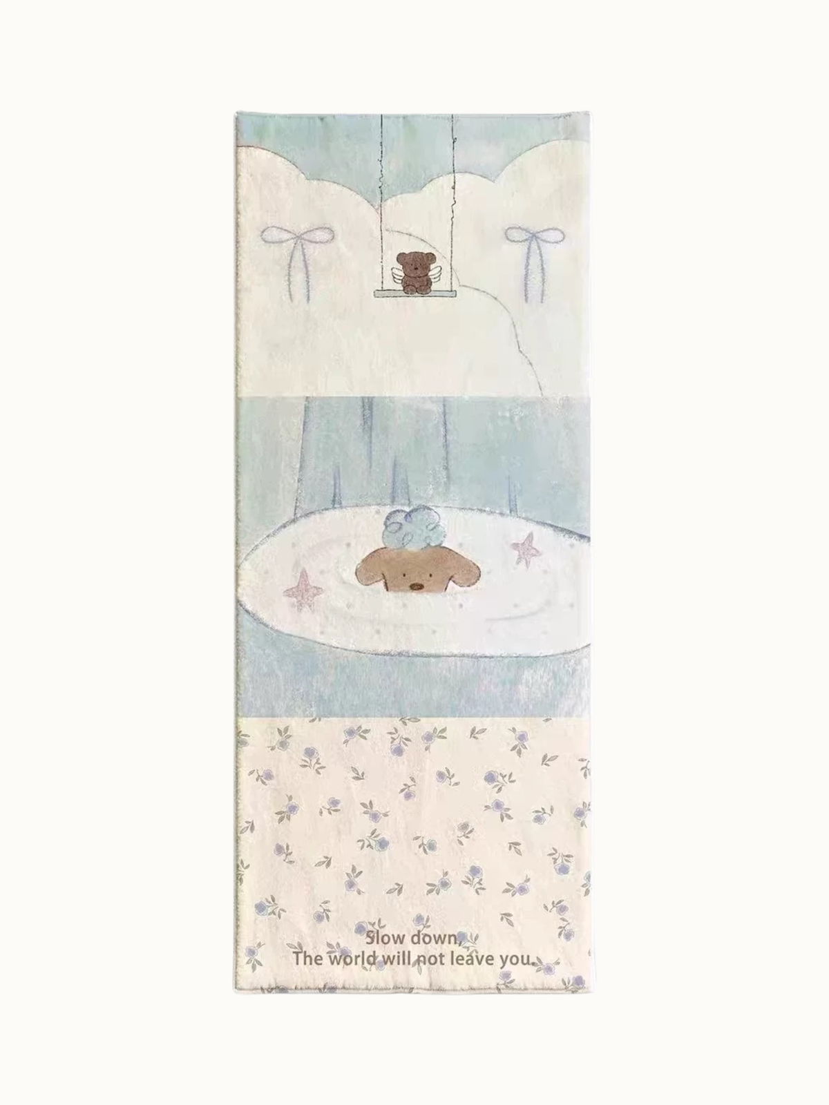 A blue cartoon rug shows a small bear on a swing, a dog in a bath and a cream panel with tiny flowers.