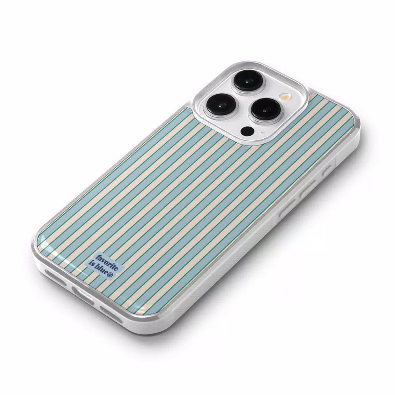 Phone case with blue and beige striped pattern on a white background