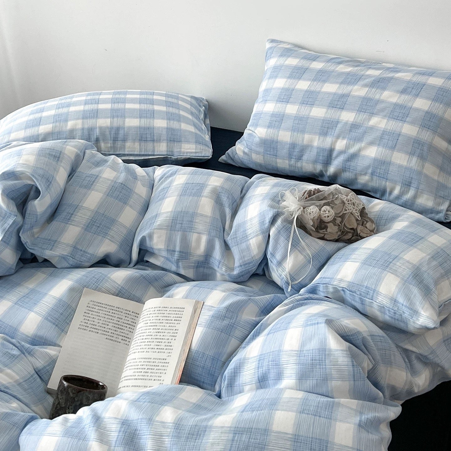 Light blue and white plaid bedding set with matching pillowcases, styled on a bed with an open book and a small gray drawstring pouch.