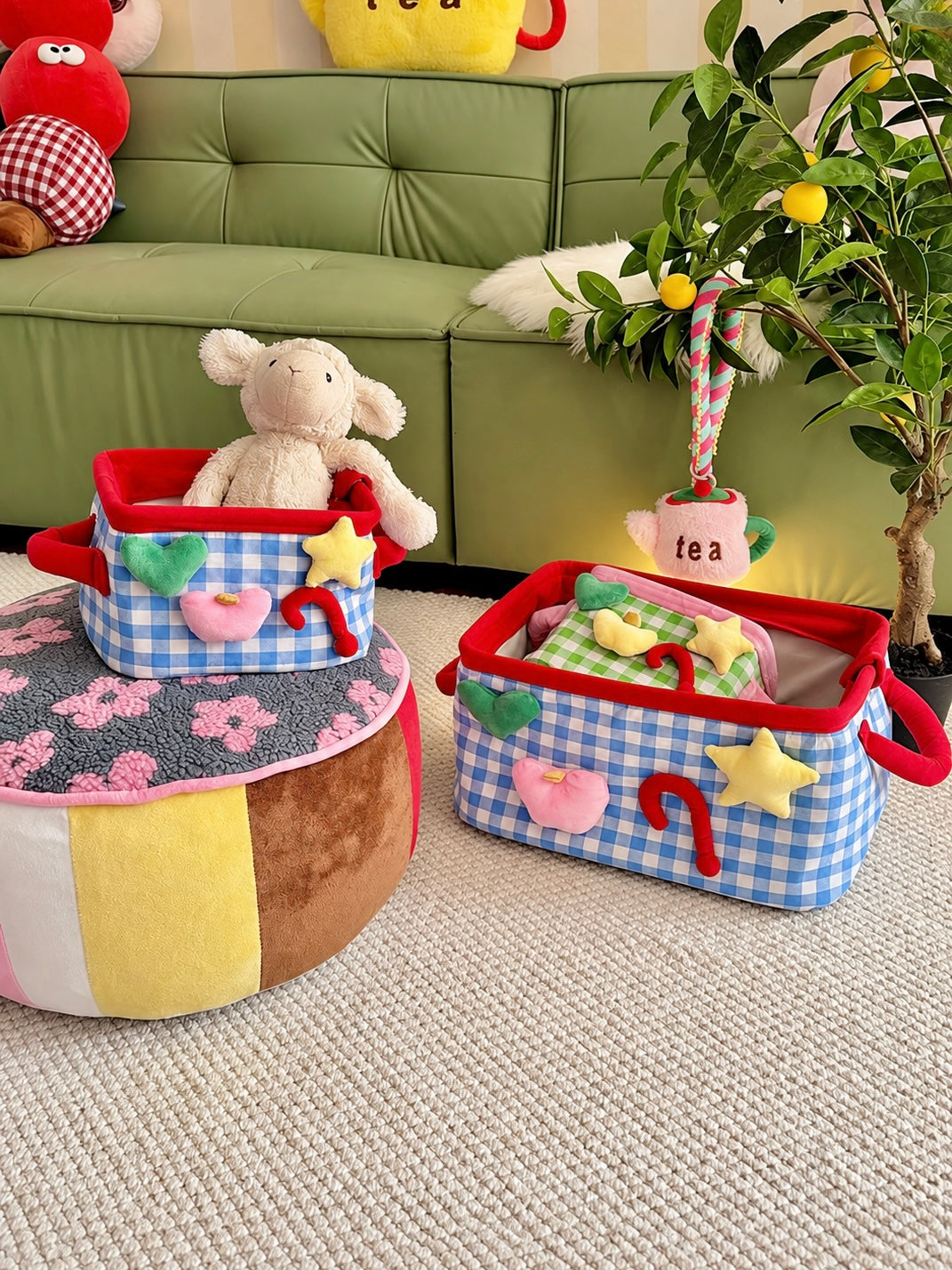 Green plaid storage basket with pink rim in a playful kawaii room setup