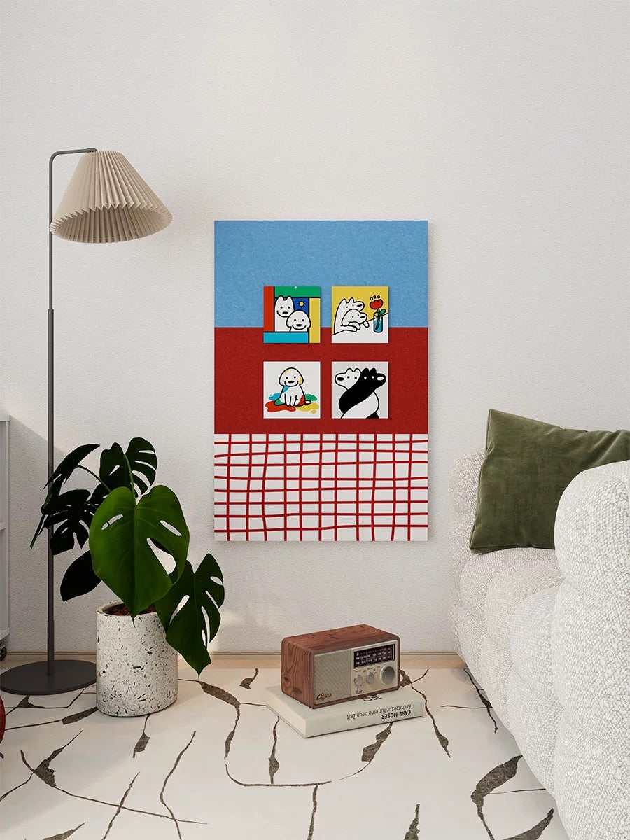 Blue and red checkered felt pin board styled on a bedroom wall beside a floor lamp, plant, bed, and small radio
