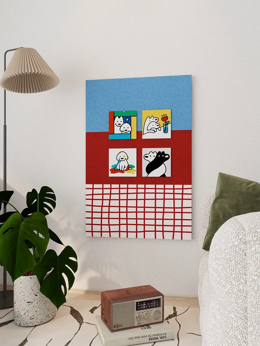 Blue and red checkered pin board shown front-on above a small table with a plant and bed nearby
