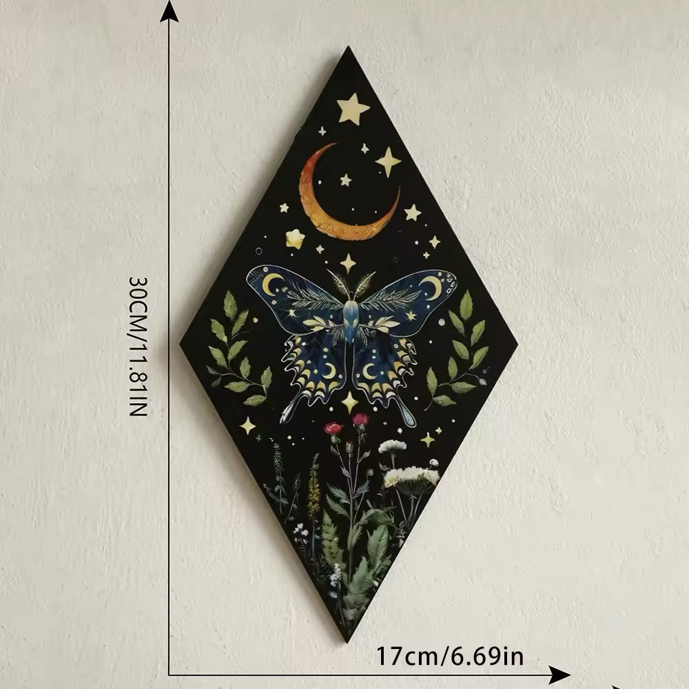 Witchy bedroom decor with butterfly and moon elements