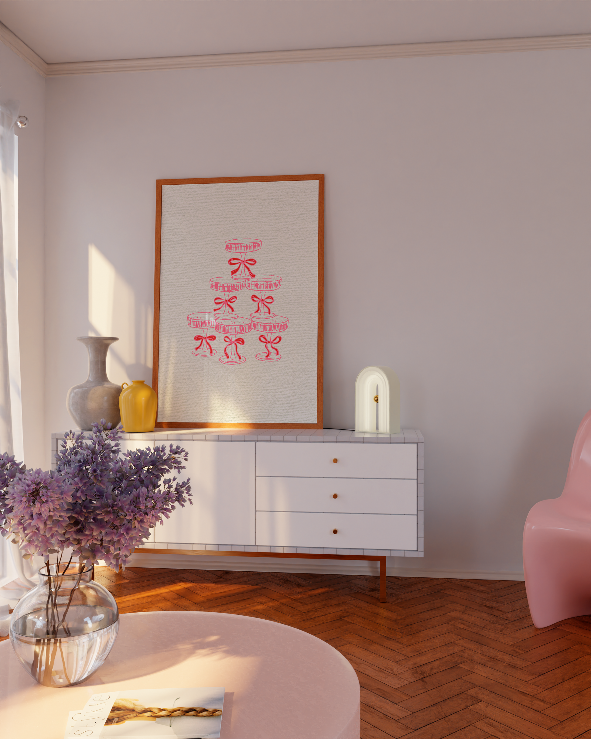 Bar cart wall art trio with cocktail illustrations in bold pink and red tones