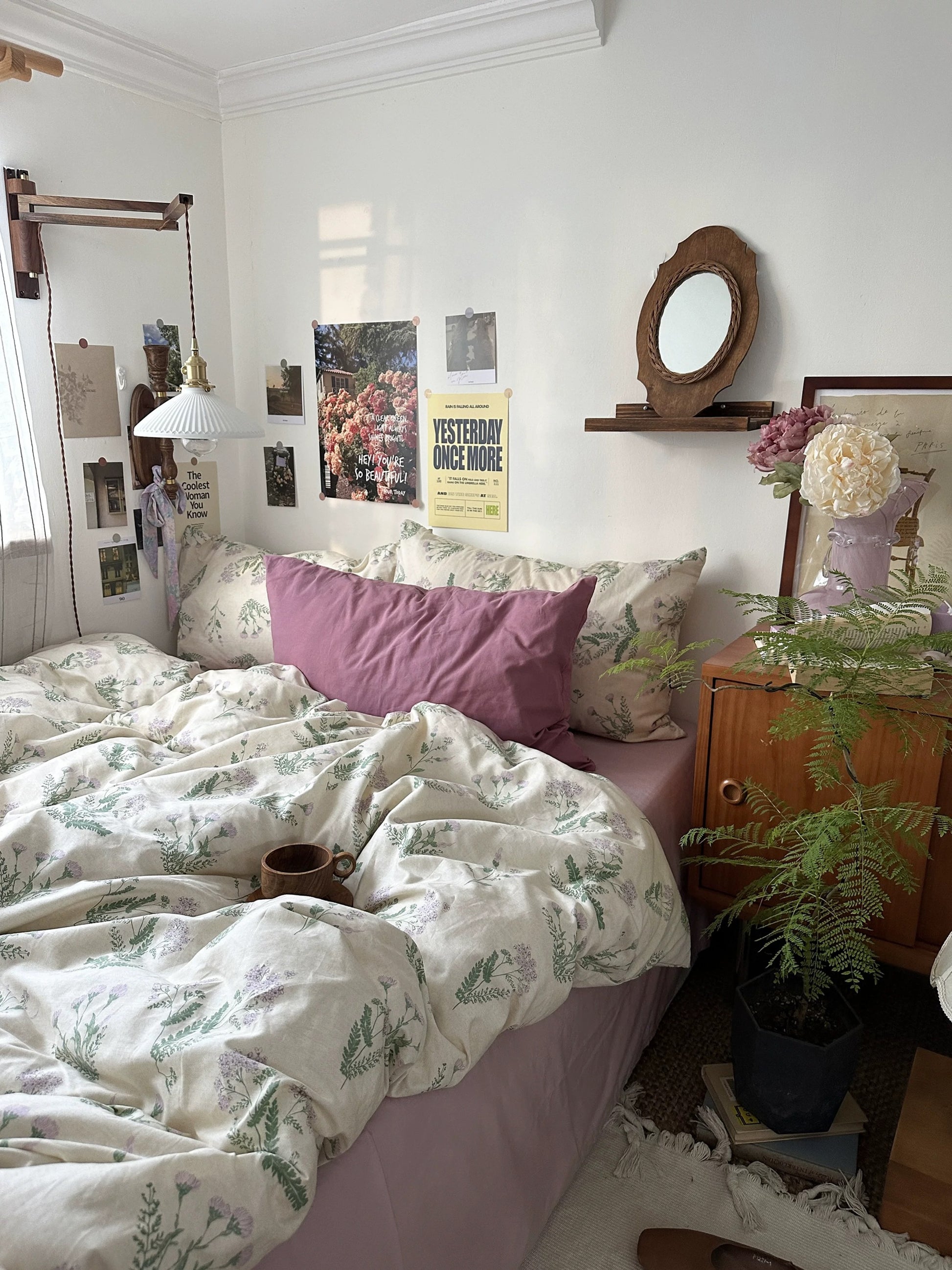 Botanical bedding set complementing vintage decor with gentle floral print and comfortable everyday cotton construction.