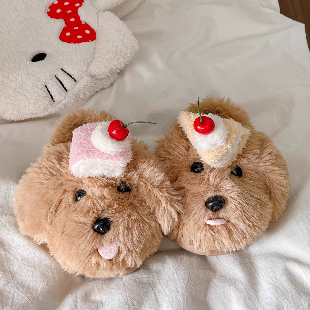 Brown cake dog slippers with cherry-topped plush cake details