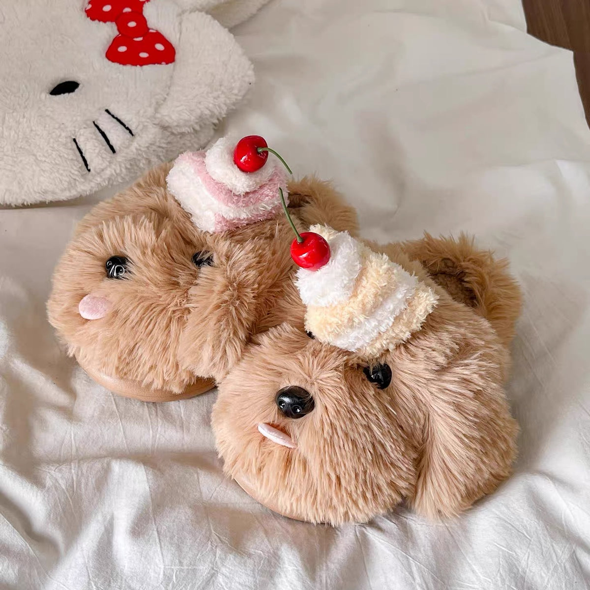 Brown cherry dog slippers with plush puppy faces and dessert details