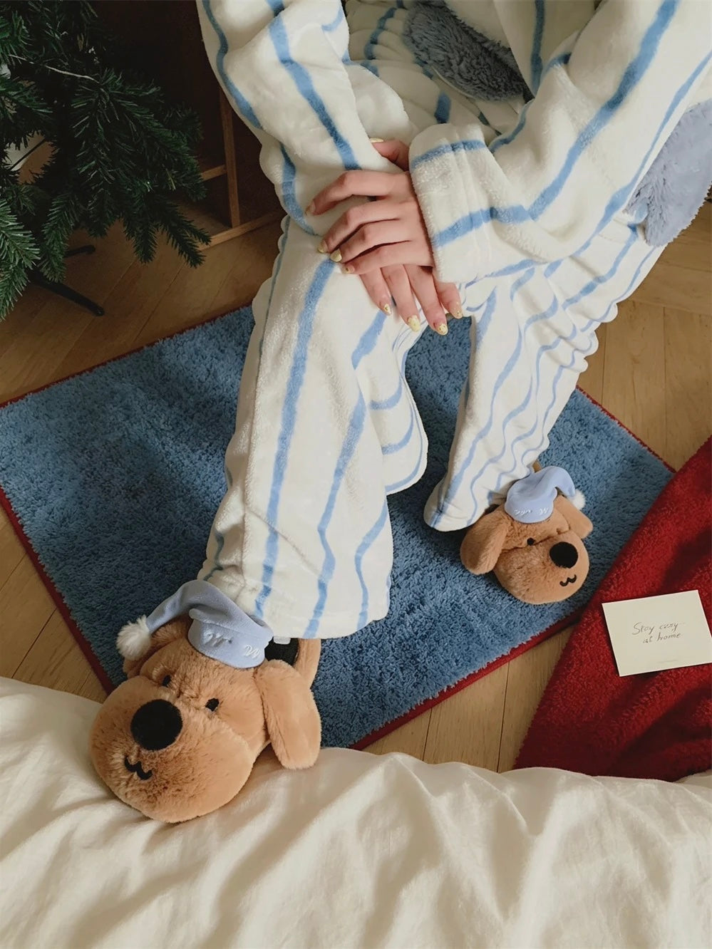 Brown dog slippers worn with casual clothes indoors