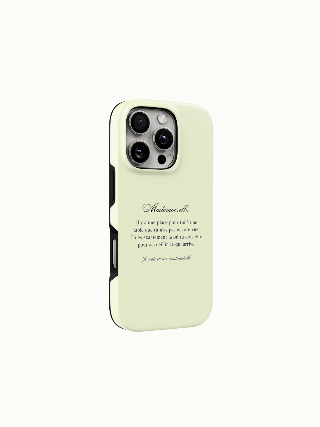 Butter yellow phone case with Mademoiselle French poem, back view on an iPhone, The Feelz