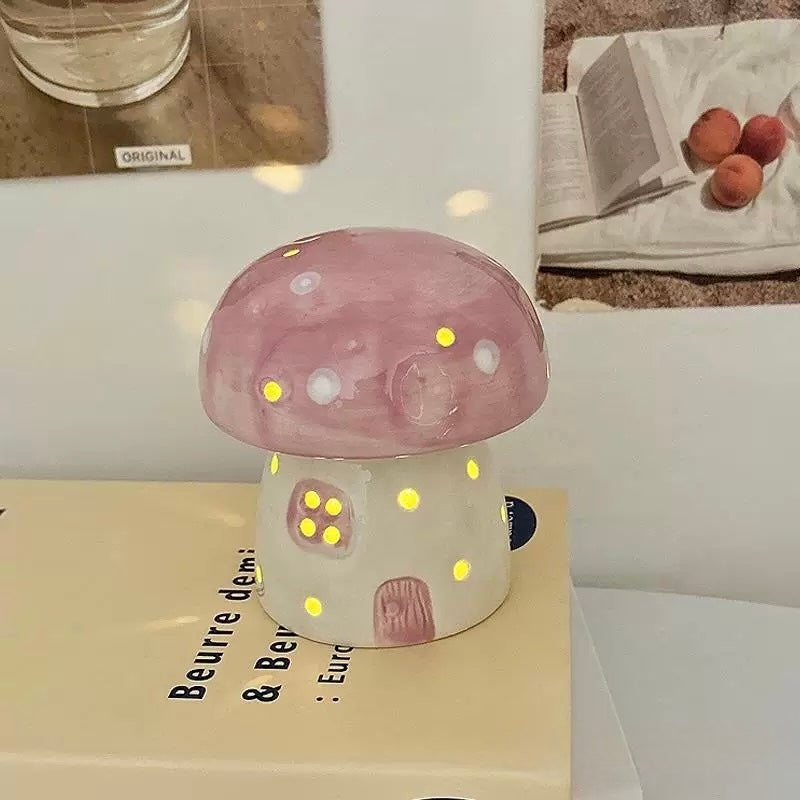 White and pink ceramic mushroom lamp with soft illumination