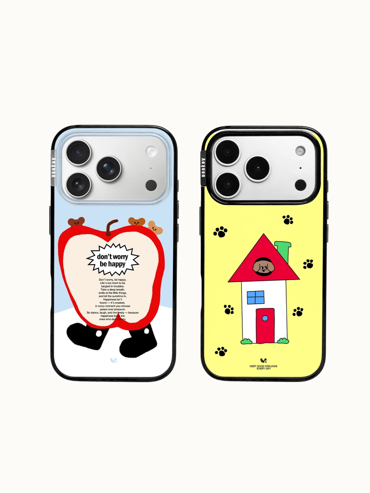Blue apple and yellow dog house cartoon phone case designs stand side by side, both outlined in black.