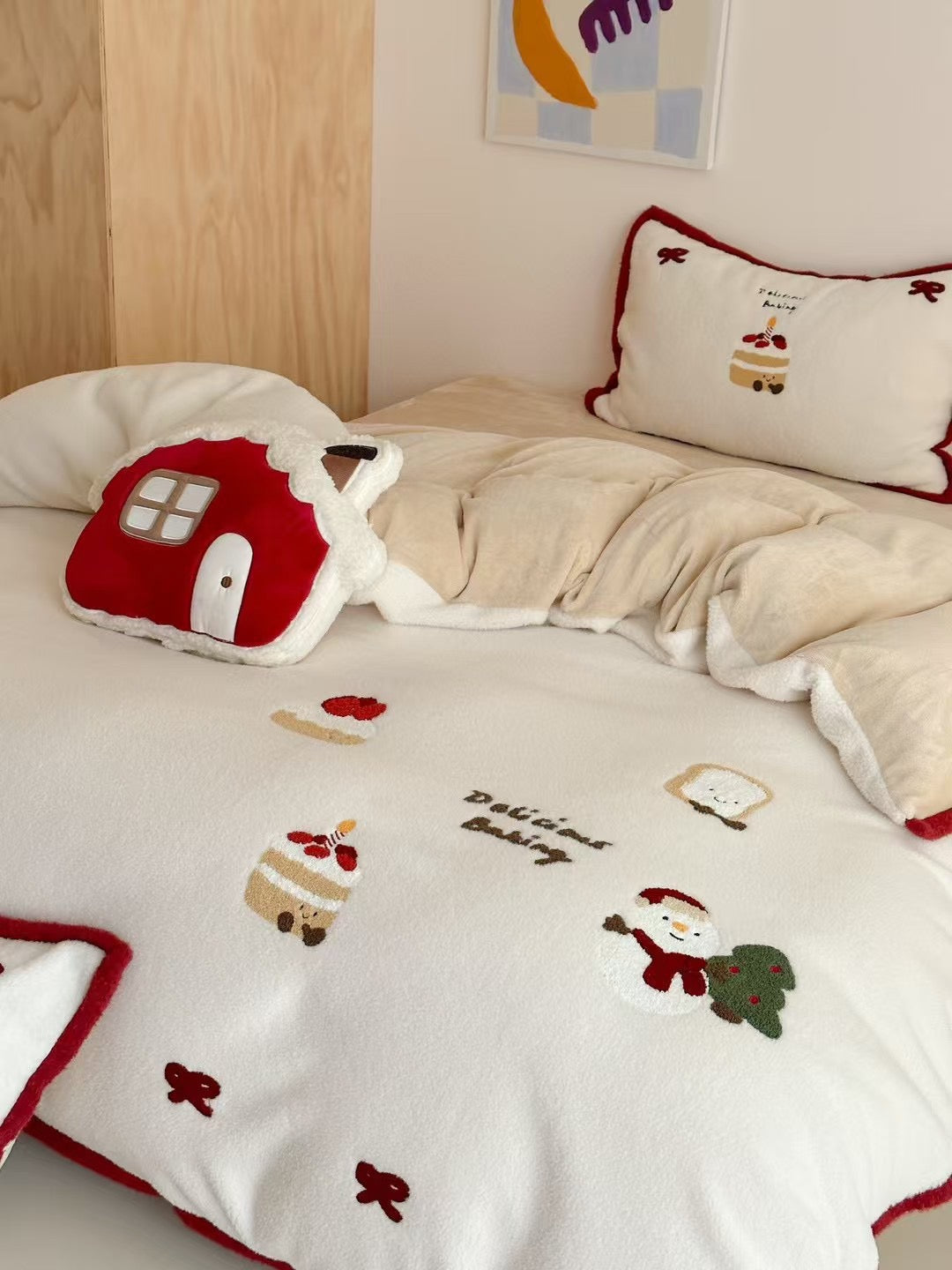 White Christmas duvet cover with red bow details and holiday embroidery