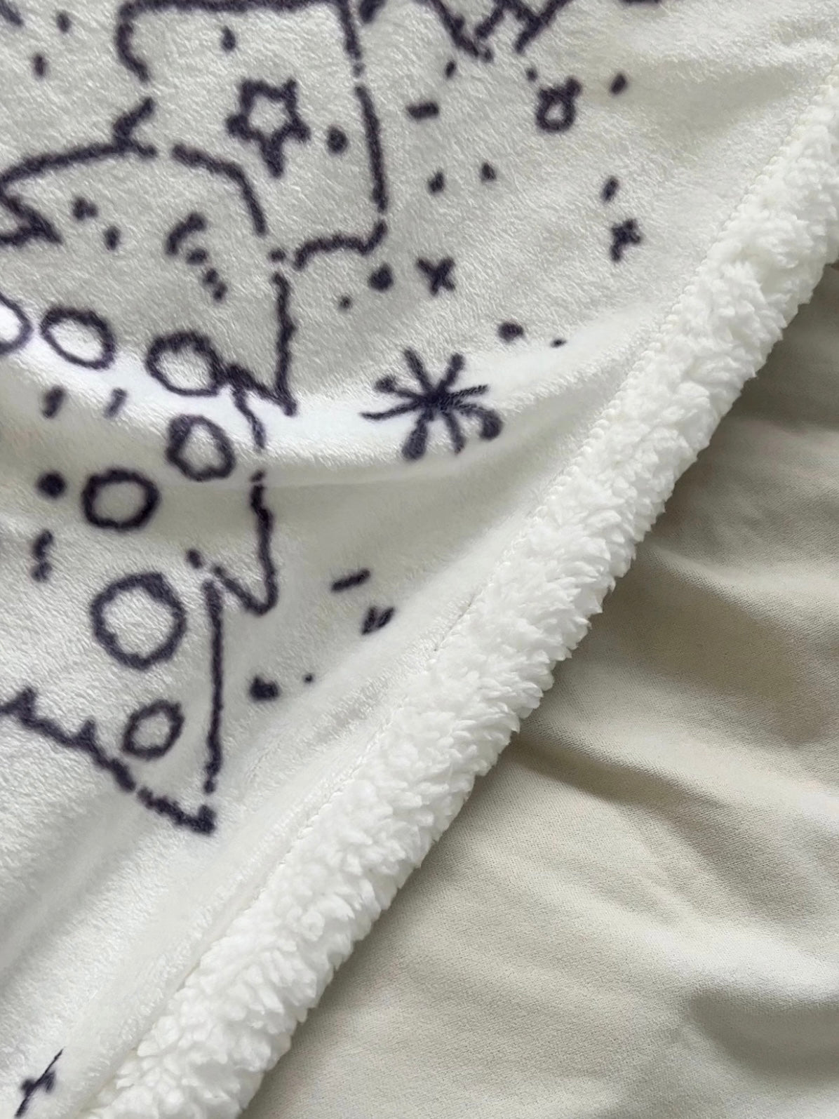 Christmas sherpa throw blanket close-up showing sherpa edging and black winter print