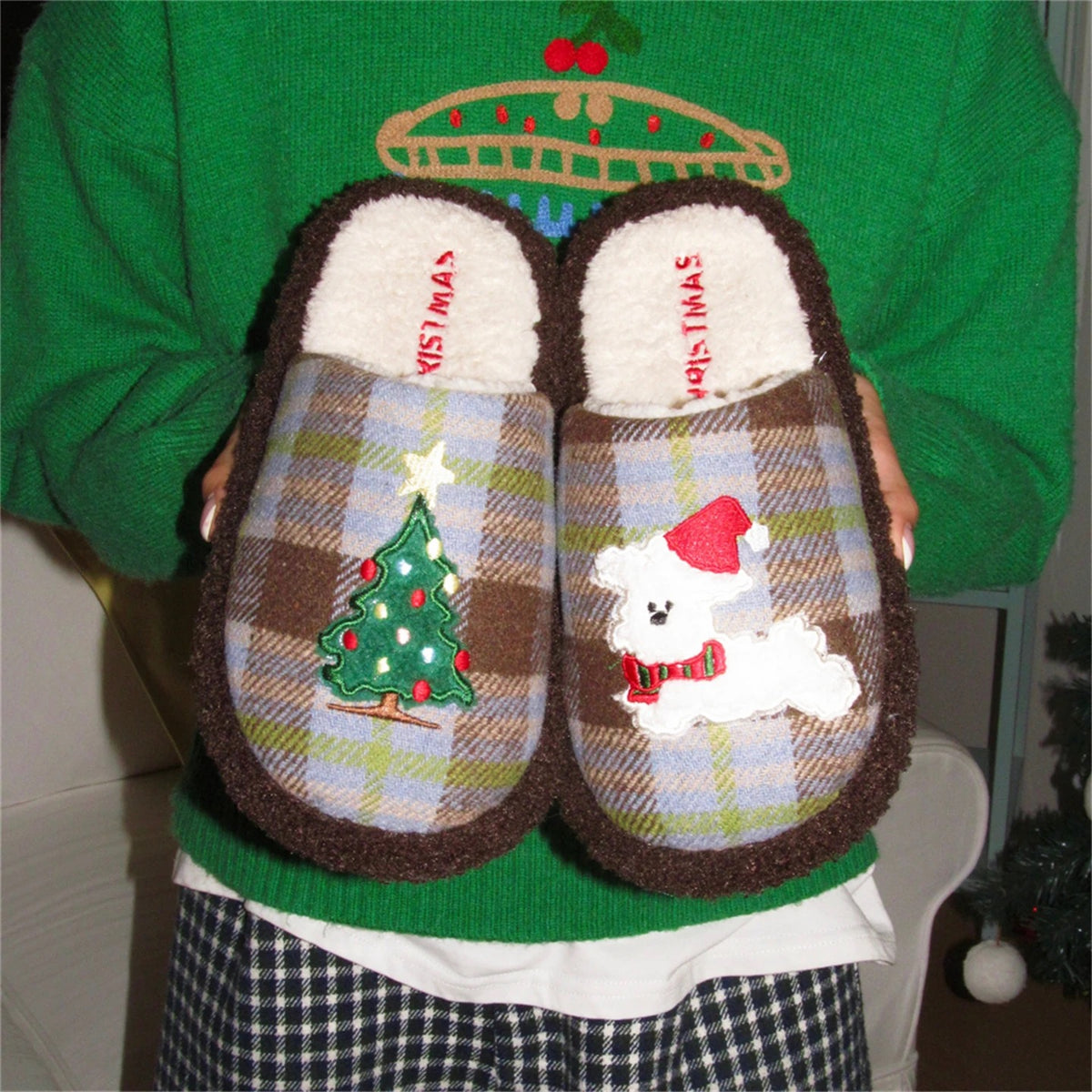 Blue Christmas tree slippers for women with plaid puppy design