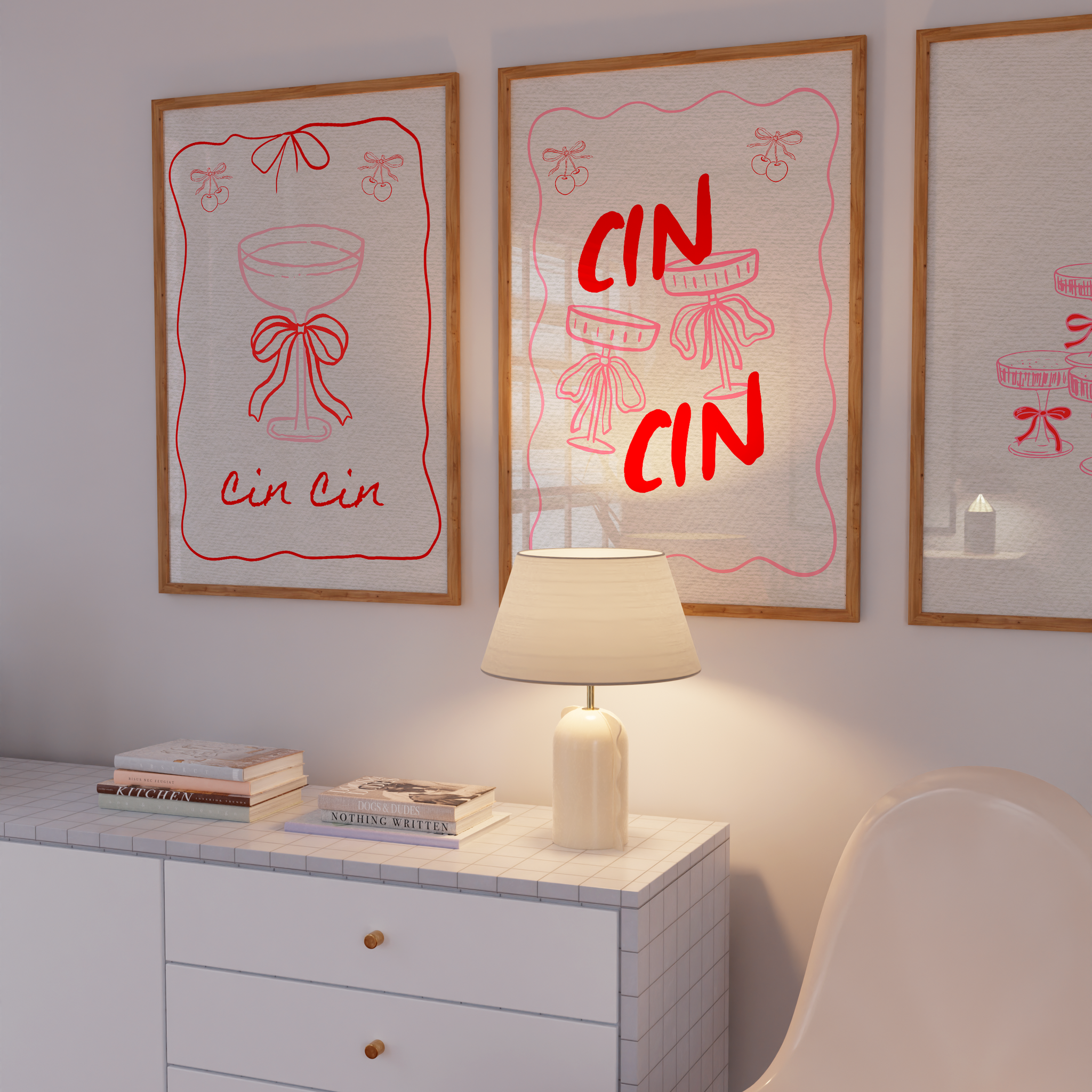 Retro pink 'Cin Cin' poster featuring martini glasses and bows, perfect for bar cart wall decor