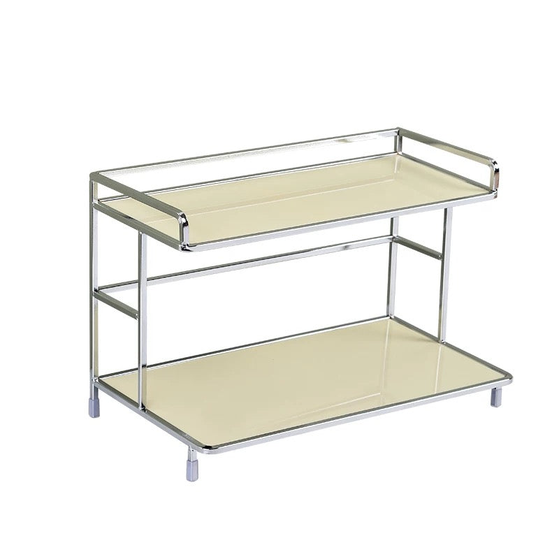 Minimalist acrylic metal storage rack for skincare and decor on a vanity desk.