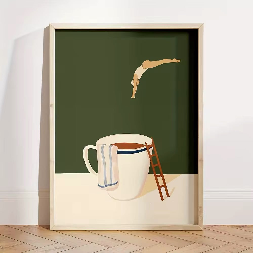 The poster hanging above a coffee bar, creating a cozy café ambiance.