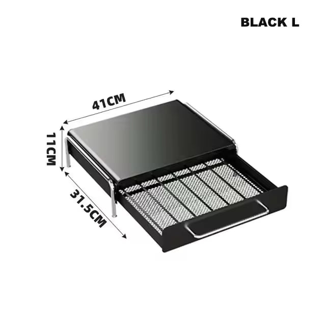 Coffee pod drawer organizer sliding open to reveal capsules sorted by flavor, perfect for daily easy-access coffee routines.