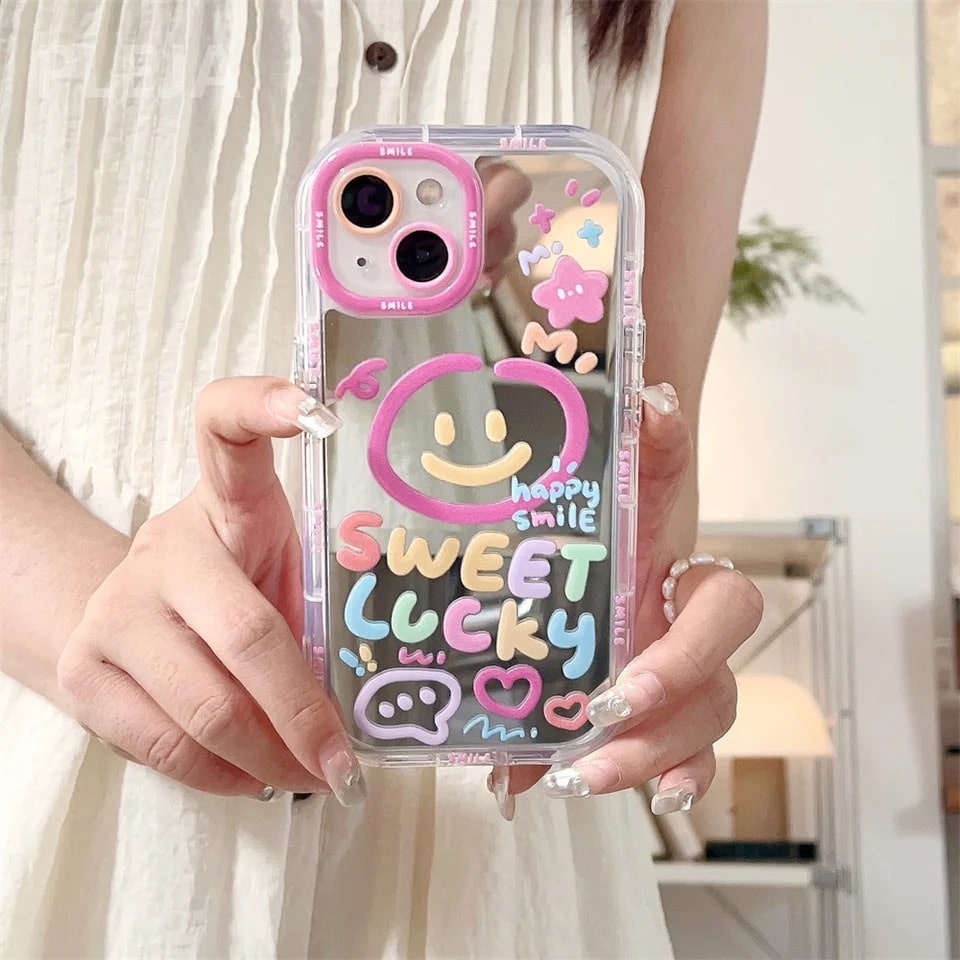 Shockproof iPhone case with heart mirror and graffiti pattern. Sweet Y2K design for iPhone Pro Max and other models.