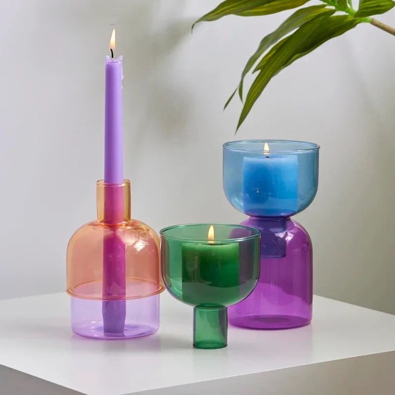 Colorful Retro Glass Candle Holder – Perfect for Home and Office Decor