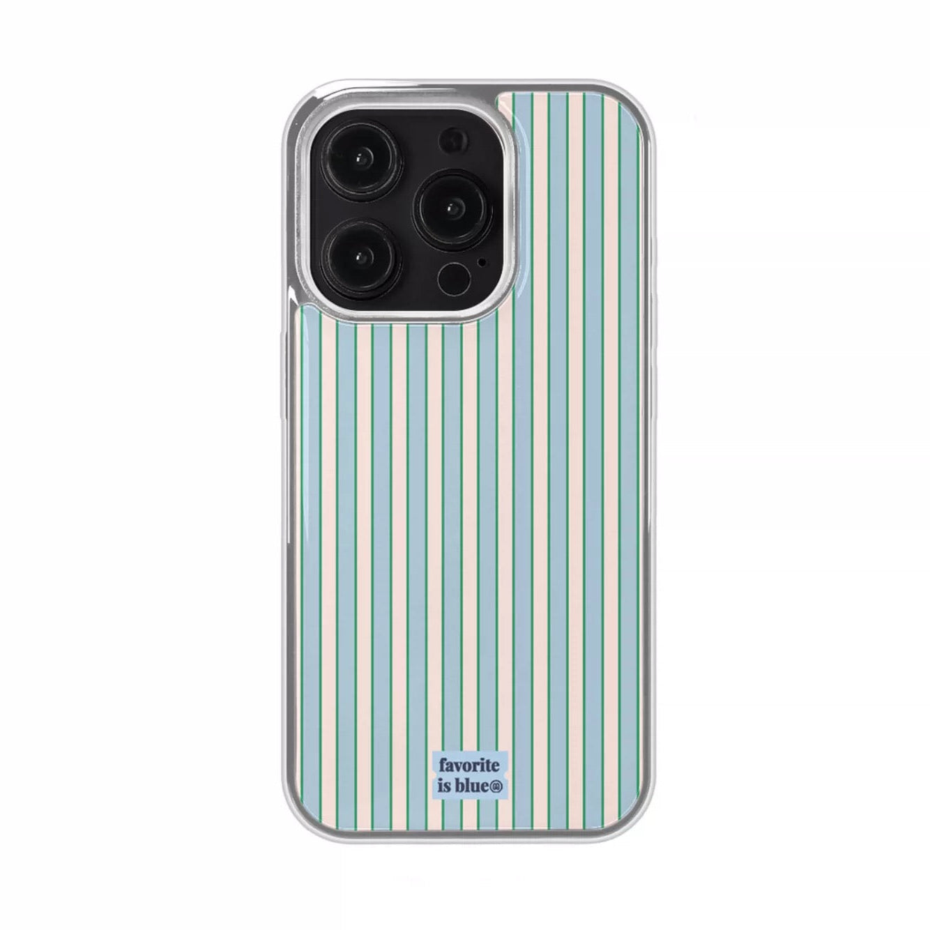Phone case with vertical striped pattern and 'favorite is blue' text on a white background