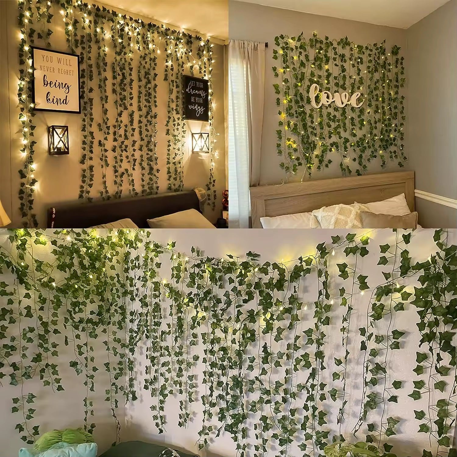Faux ivy leaves with embedded warm LED lights cascading down a wall for aesthetic room decor.