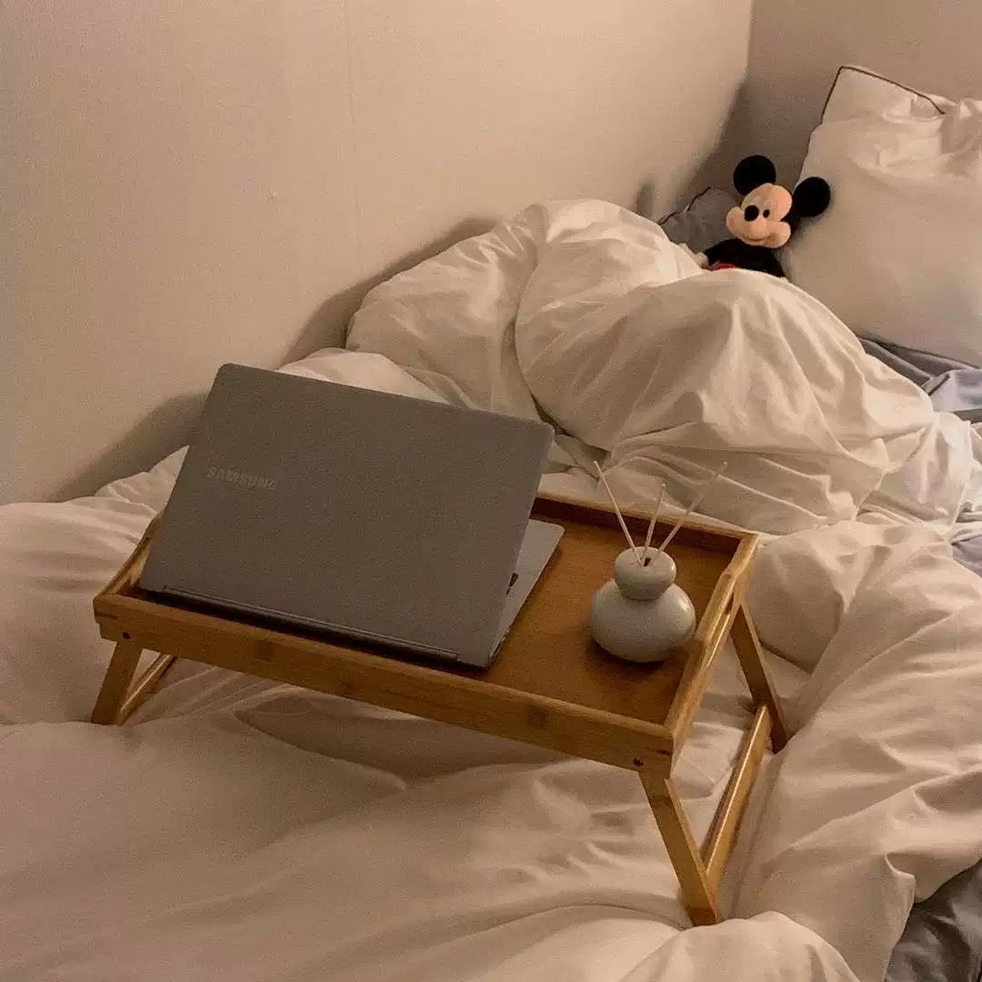Cozy bedside tray for breakfast and work setup