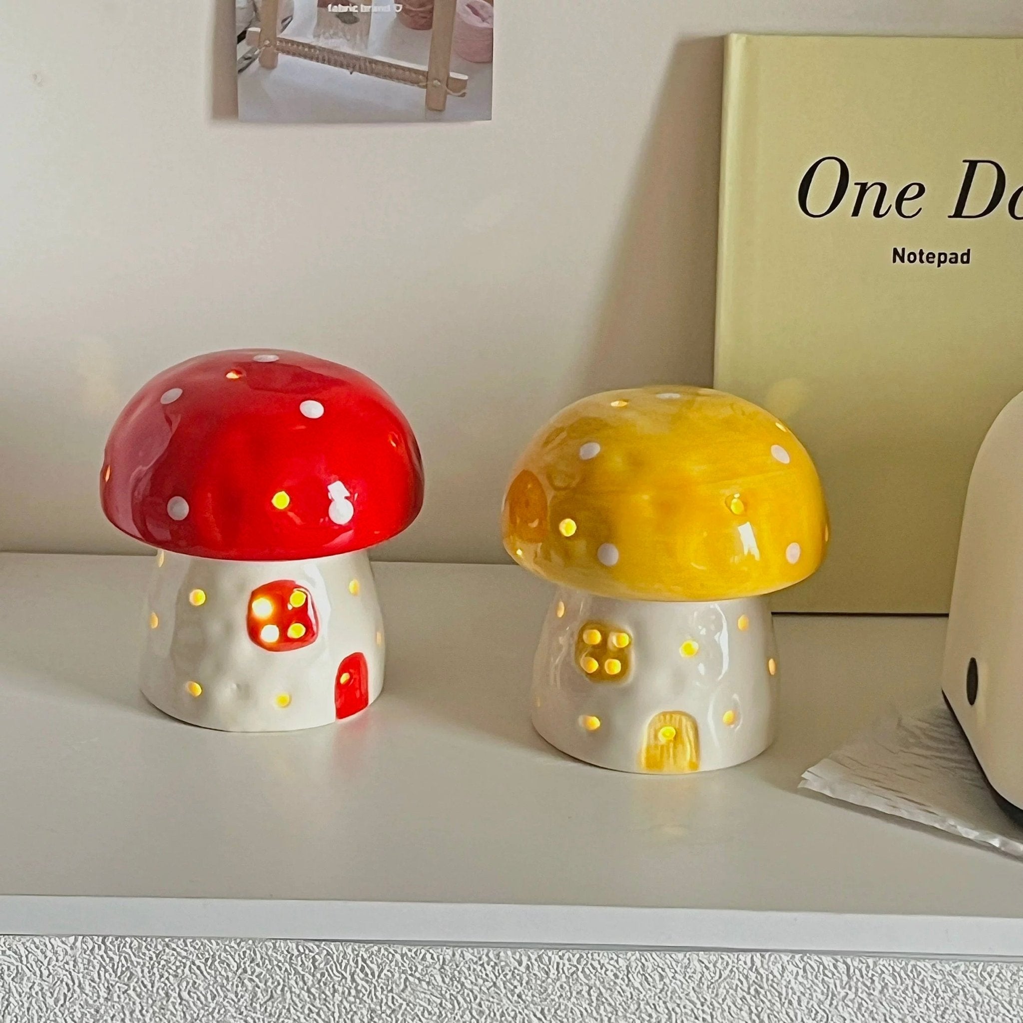 Minimalist nightstand featuring pastel mushroom lamp