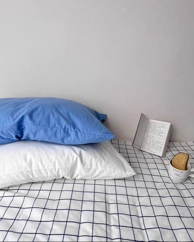 Two pillows on a bed with a grid pattern, a mug, and a book against a plain wall.