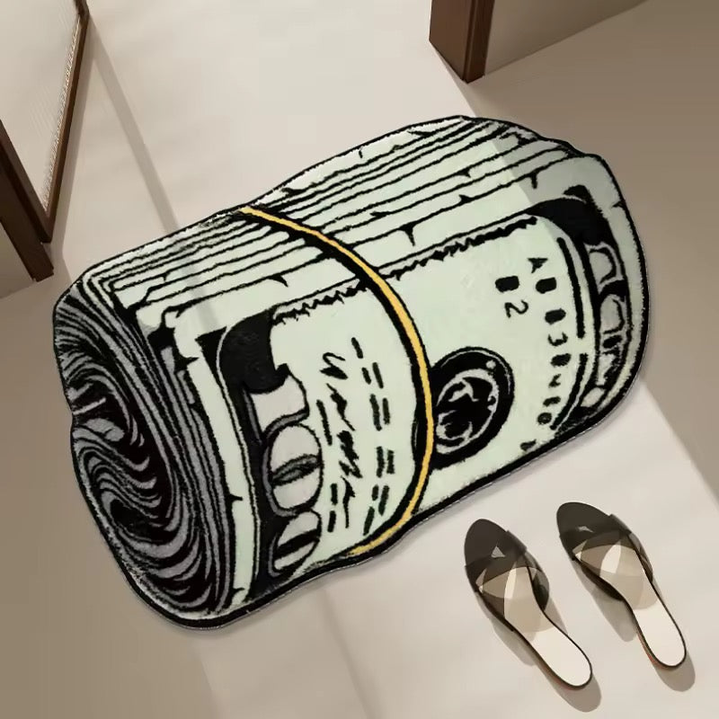 Creative money-themed rug used as an entryway mat for modern homes