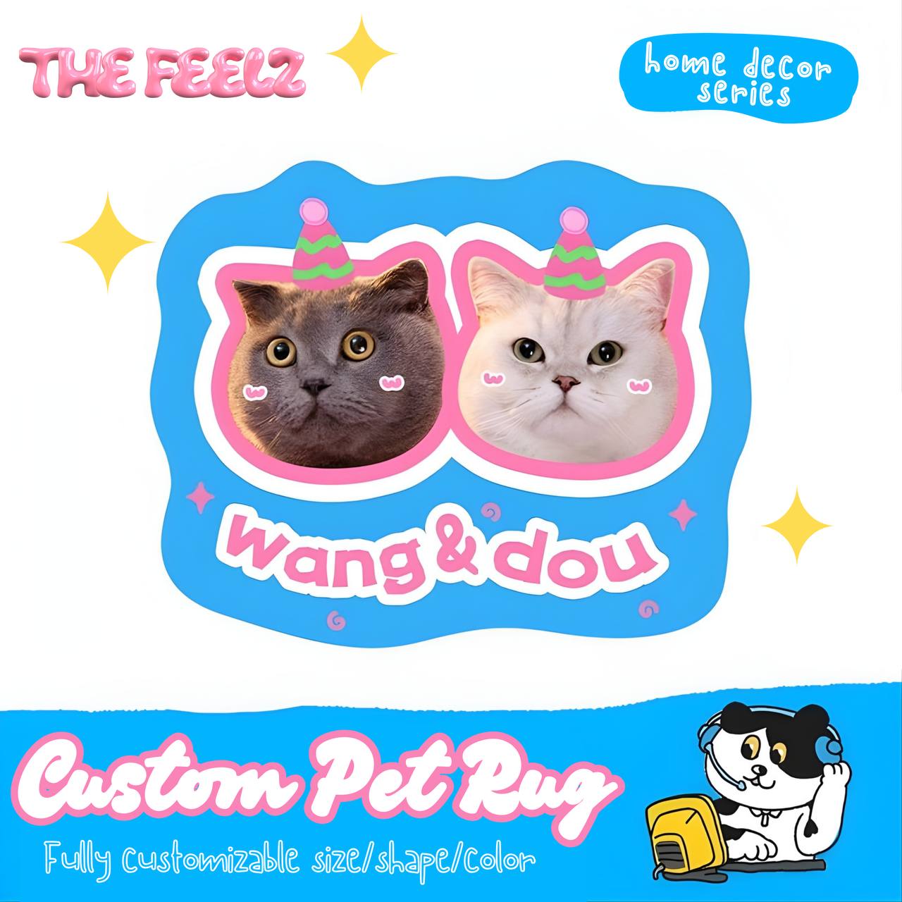 Promotional graphic for 'The Feelz' home decor series featuring two cats, 'Wang & Dou', with customizable options.