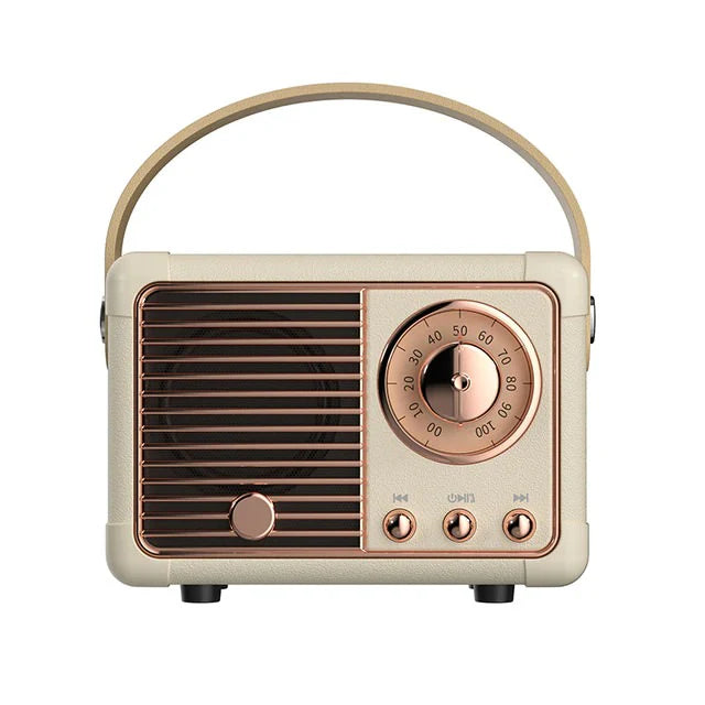 Vintage-style radio with beige and rose gold design on a white background