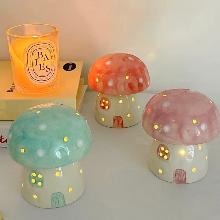 Close-up of mushroom lamp with LED glow inside