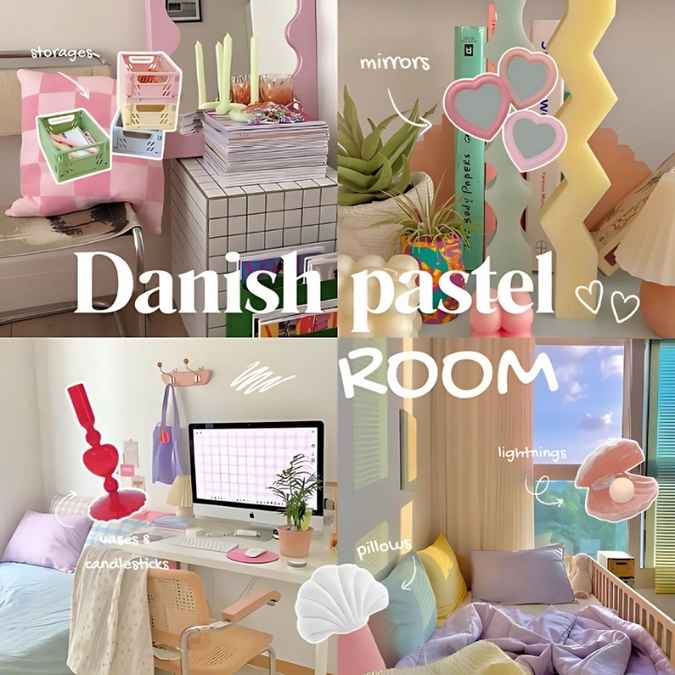 Collage of a Danish pastel room with various decor elements.