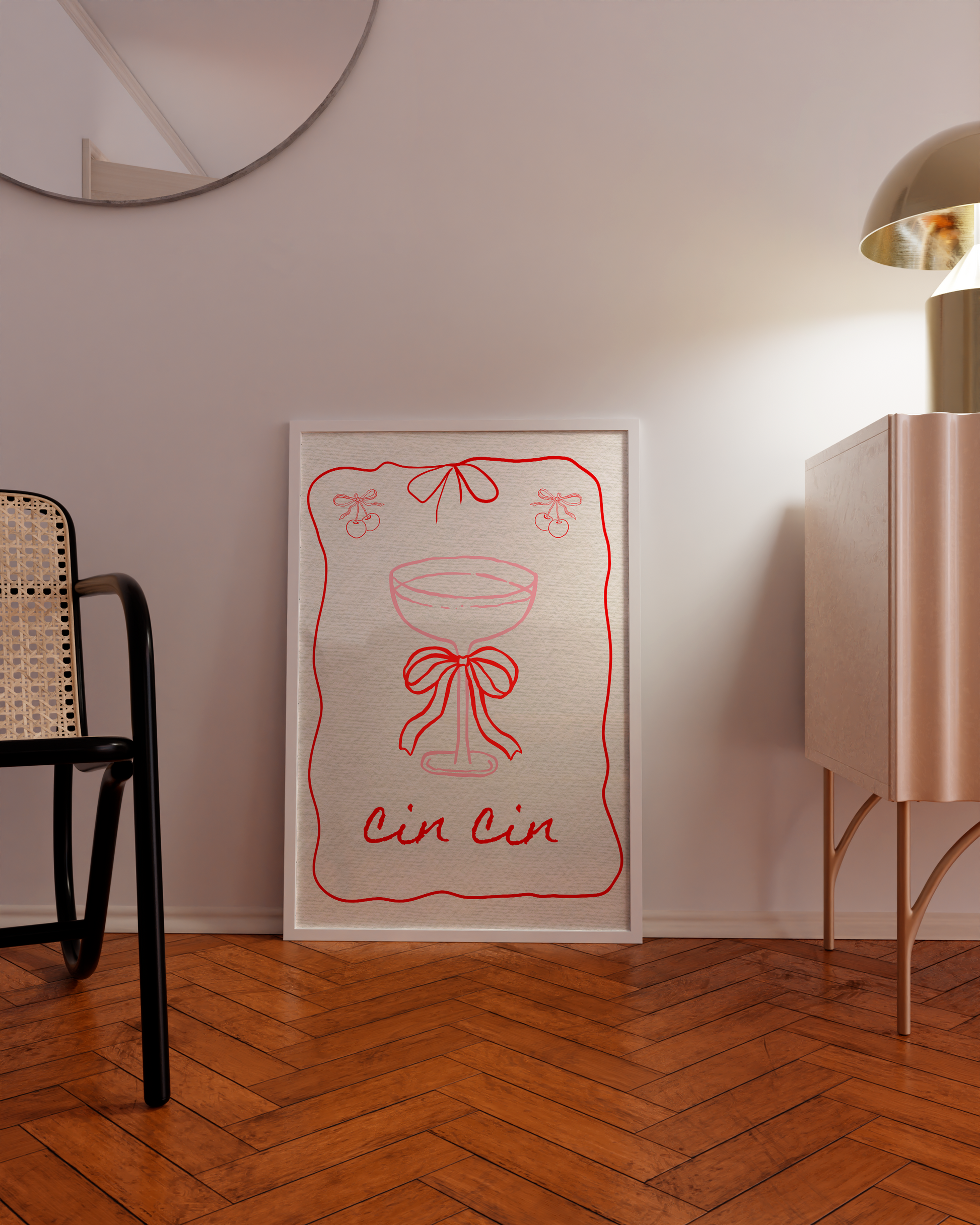 Dopamine decor poster with vibrant red text and retro wine art elements for Gen Z spaces