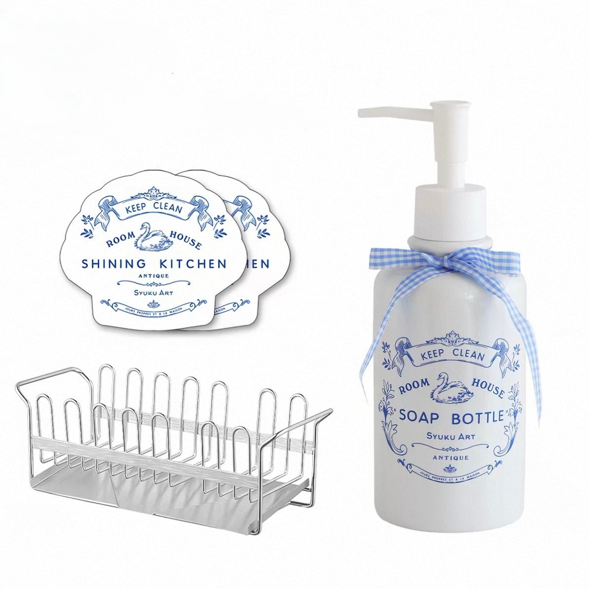 Dish soap dispenser with a blue gingham bow is shown beside two matching sponges and a stainless steel rack.