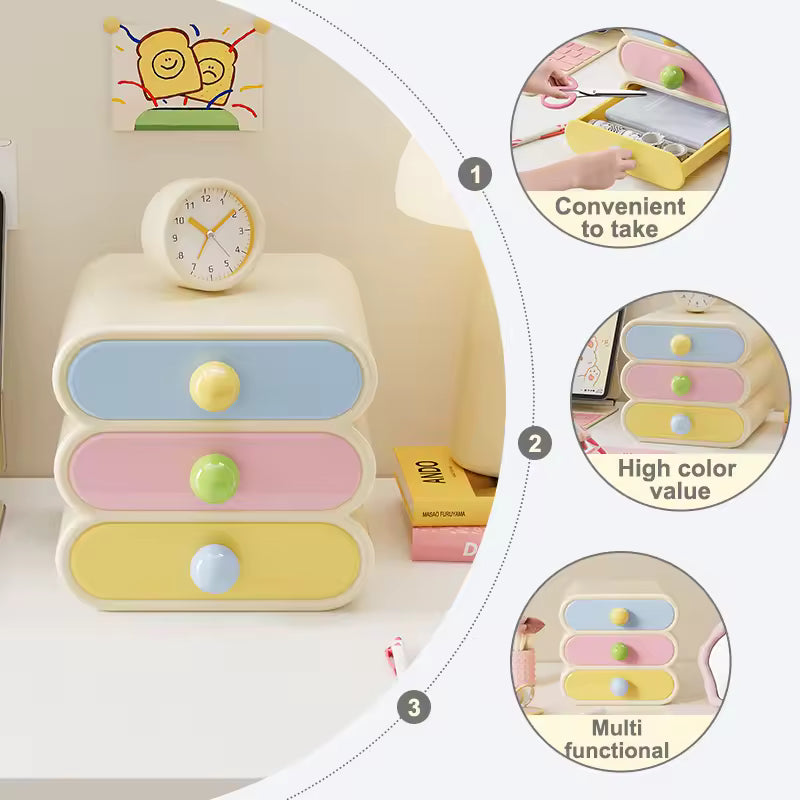 Pastel-colored three-drawer organizer with a clock on top, surrounded by circular insets highlighting features.